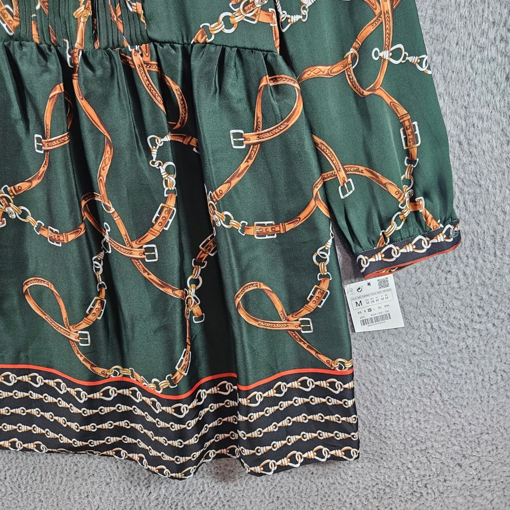 Zara Basic Green Equestrian Chain Belt Print Pleated Mini Dress Womens Sz M NEW - Picture 2 of 11